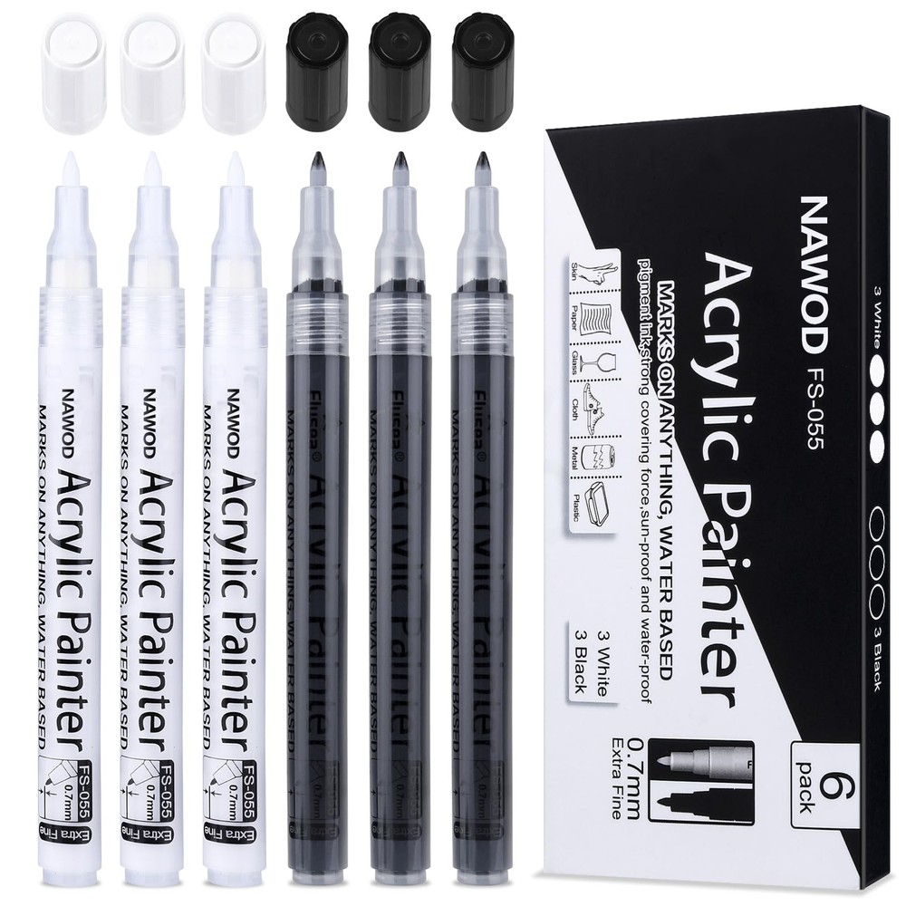 Paint Pens White Black Acrylic Marker 6 Pack, Acrylic Permanent Marker, White…