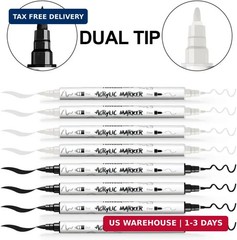 TRANSON 4 Black and 4 White Paint Markers Brush and Fine Dual-tip Acrylic Paint