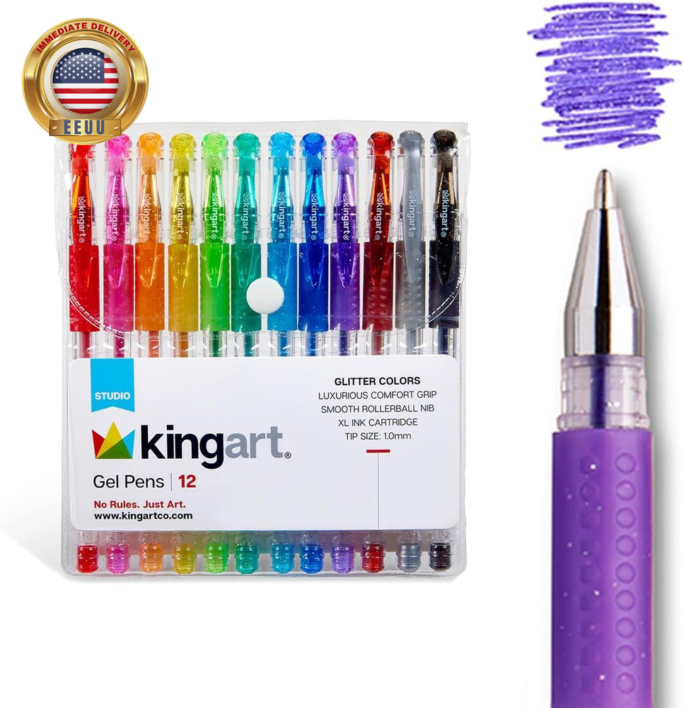 Glitter Rollerball Gel Pens, 12 Sparkling Colors with Soft-Grip Comfort, XL Ink