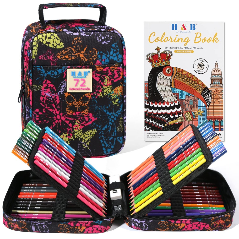 H B 72-Color Colored Pencils Set with Coloring Book, Eraser, and Sharpener –
