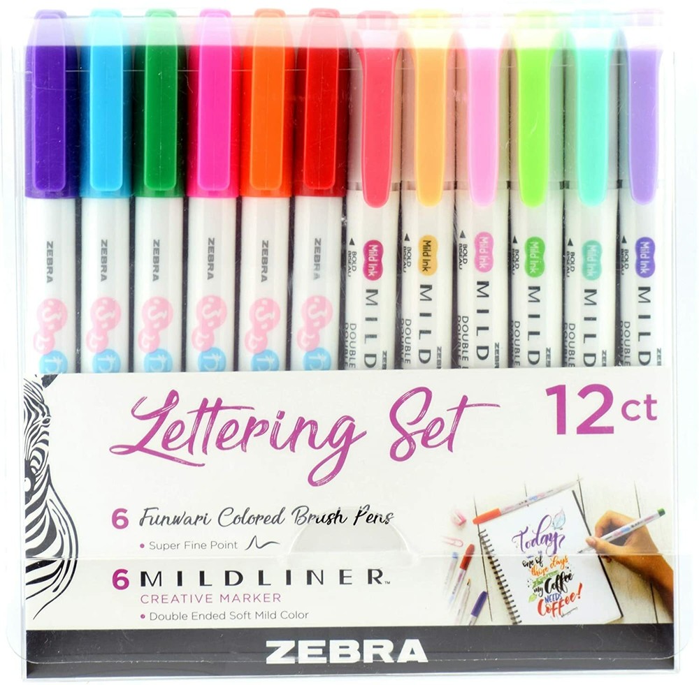 Zebra LETTERING SET 10012 Set of 12 pc Brand NEW! 6 Mildliner/6 Brush Pens