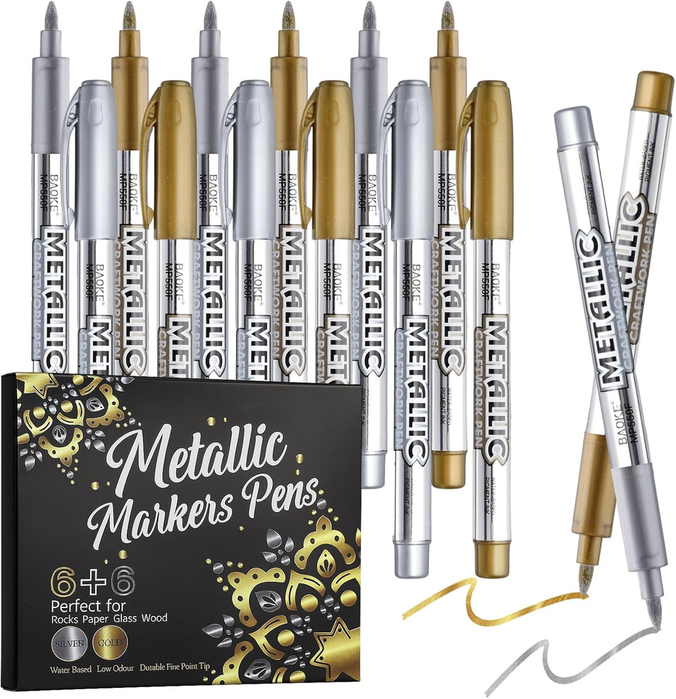 12 Pack Metallic Markers Pens, Water Based Silver & Gold Paint Pens, Gold & Silv