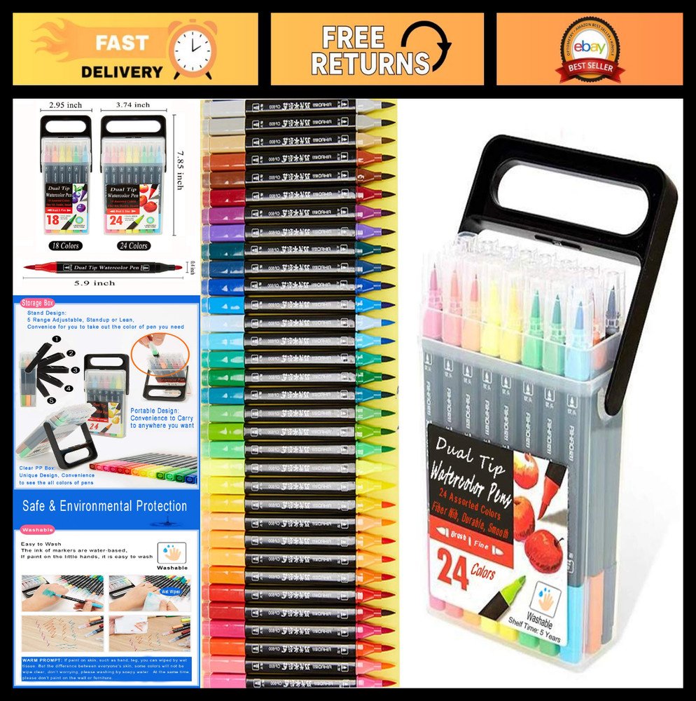 24-Color Dual Tip Washable Markers Set for Kids – Portable Art Markers with Stan