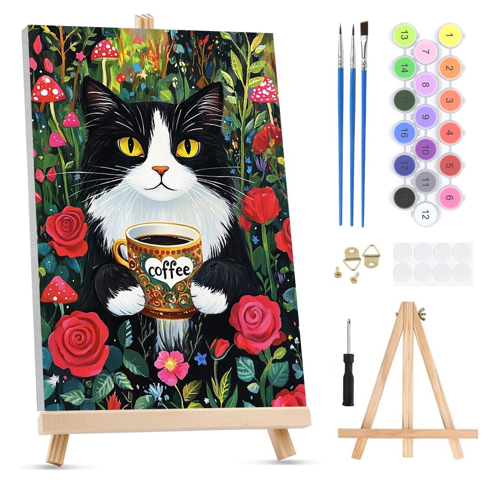 Adult 8×12 Cat Coffee Paint by Numbers Kit – Framed Canvas, Easel, DIY Decor