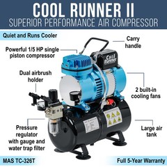 Master Airbrush 1/5 HP Cool Runner II Dual Fan Tank Air Compressor Kit TC-326T