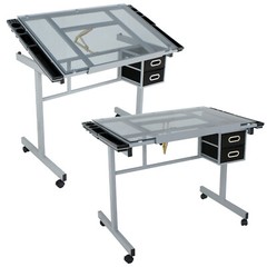 Adjustable Drafting Table Art Desk Drawing Table Glass Tabletop w/2 Slide Drawer