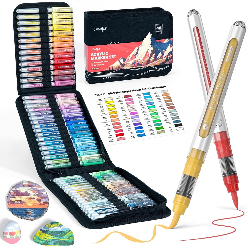 New JusArt 48 Colors Acrylic Paint Markers with Canvas Bag Water-Based No-Bleed