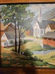 Vintage Paint By Number White Church Valley Red Covered Bridge Framed 22wx18.5l