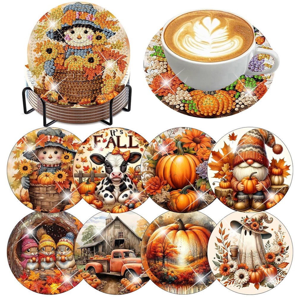 8 Pack Diamond Art Coasters Kits, Autumn Diamond Painting Coasters Kit with Ho,,