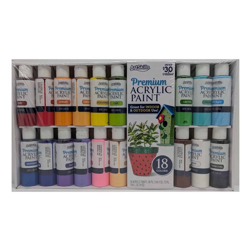 ArtSkills Premium Acrylic Paint Set 18 Colors 1.96oz Each Indoor Outdoor