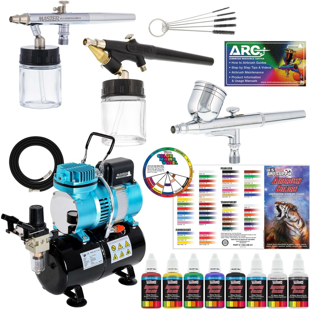 3 Master Airbrush Pro Air Compressor Kit, 6 Primary Colors Acrylic Paint Set