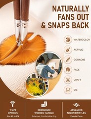 Artist Fan Paint Brushes Set 9pcs – Soft 0, 2, 4, 6, 8, 10, 12, 14, 16, Brown