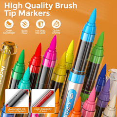 24 Colors Acrylic Paint Markers Brush Tip, Water-Based No-Bleed Paint Markers wi