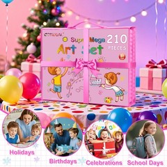 210Pcs Kids Art Set with Trifold Easel Drawing Coloring Kit Gift Pink Markers
