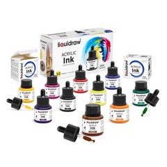 Liquidraw Acrylic Drawing Ink – 10 x 1.18 fl oz (35 ml) Bottles with Ink Drop…