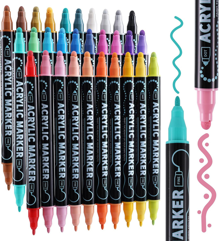 30 Colors Dual Tip Acrylic Paint Markers, Dot & Fine Tip Acrylic Paint Pens for