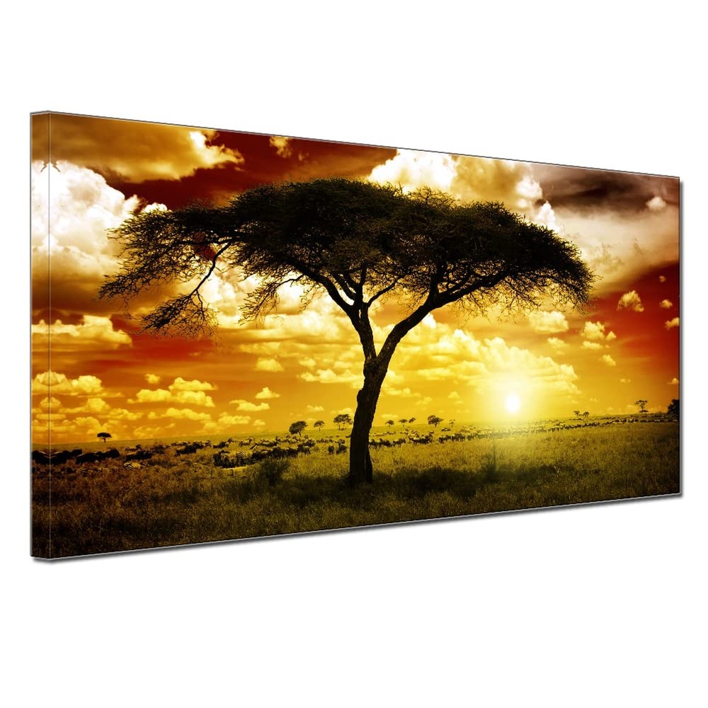 Large Artwork Living Room Wall Art African Trees Landscape Earth Tones Sunset…