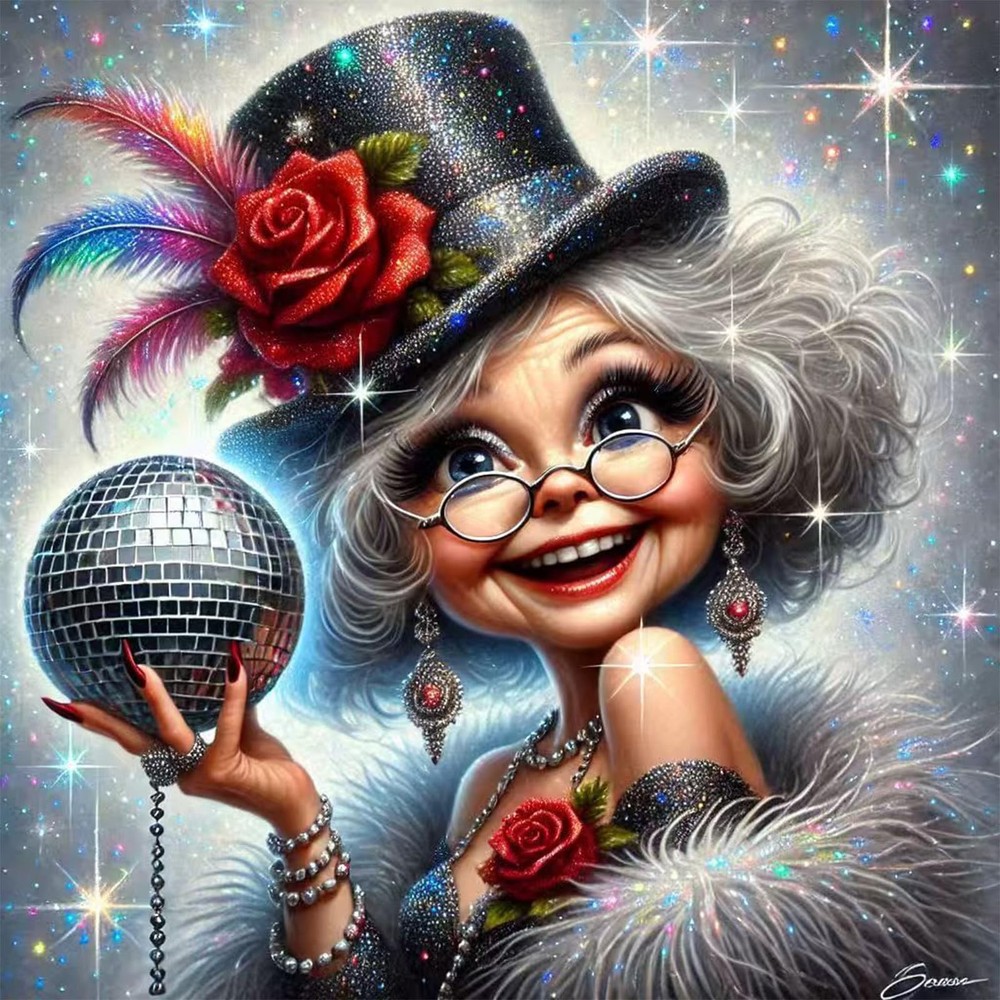 Disco Old Lady Diamond Art Kits for Adults-Full Drill Diamond Dots Paintings for