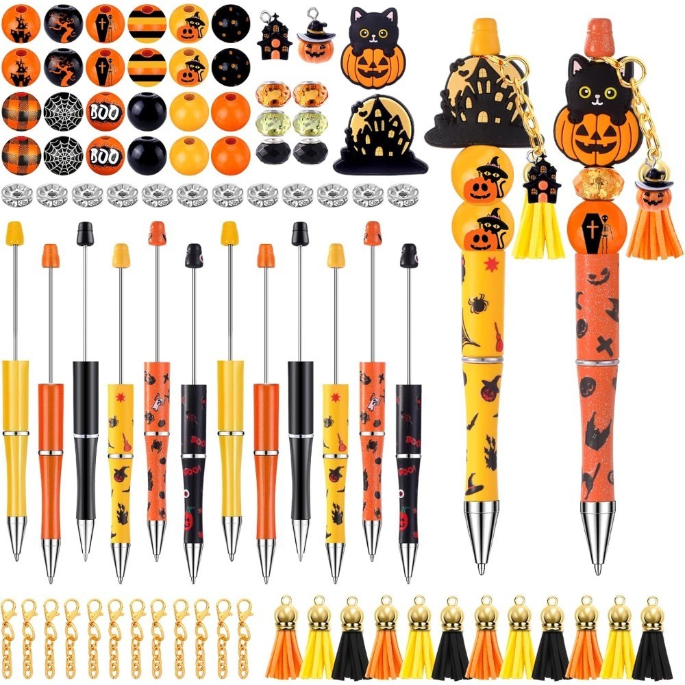 Halloween Beadable Pen DIY Craft Kit with Pumpkin Beads Stickers Pendants
