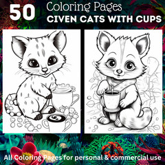 50 cats with cups coloring pages to print ° digital ° & POD permission (No. 194)