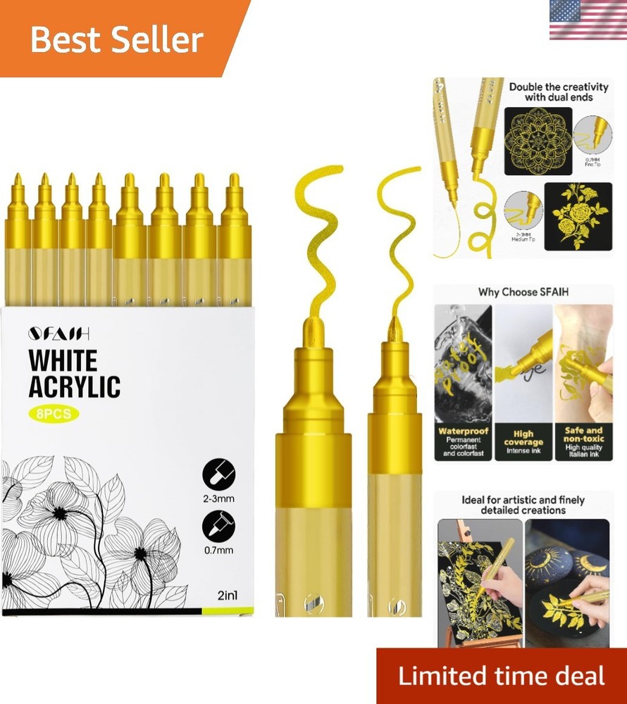Acrylic Gold Paint Pens – 8 Pack 2-3MM Medium Tip & 0.7MM Extra Fine Gold Mar…