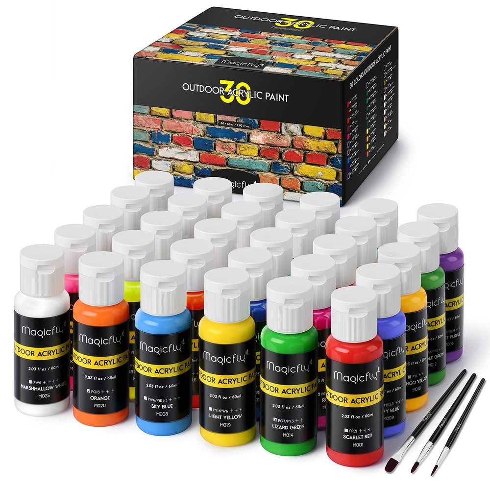Magicfly Outdoor Acrylic Paint, Set of 30 Colors/Tubes (60 ml, 2 oz.) with St…