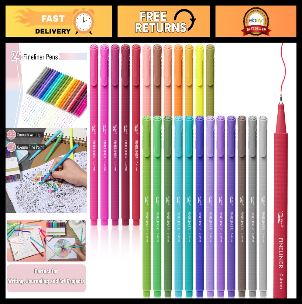 24 Pack Colored Fineliner Pens – 0.4mm, Ergonomic Triangular Barrels for Smooth