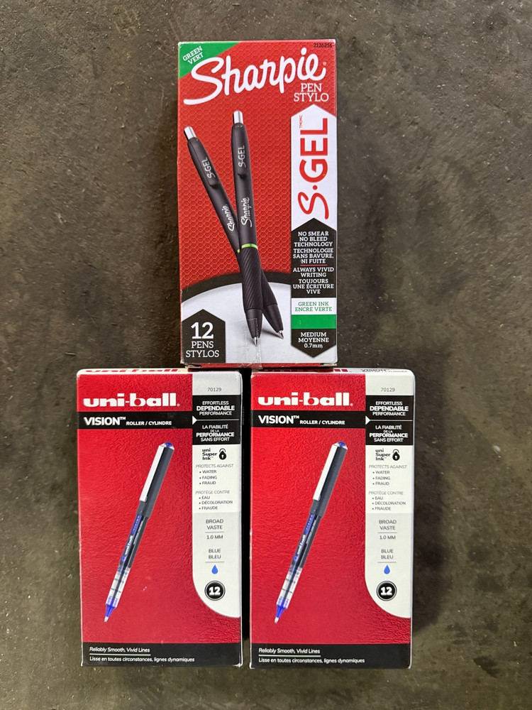 uni-ball VISION Pens BLUE Ink 12 Pack 70129 Lot of 2 & Sharpie Pen 12 Pack