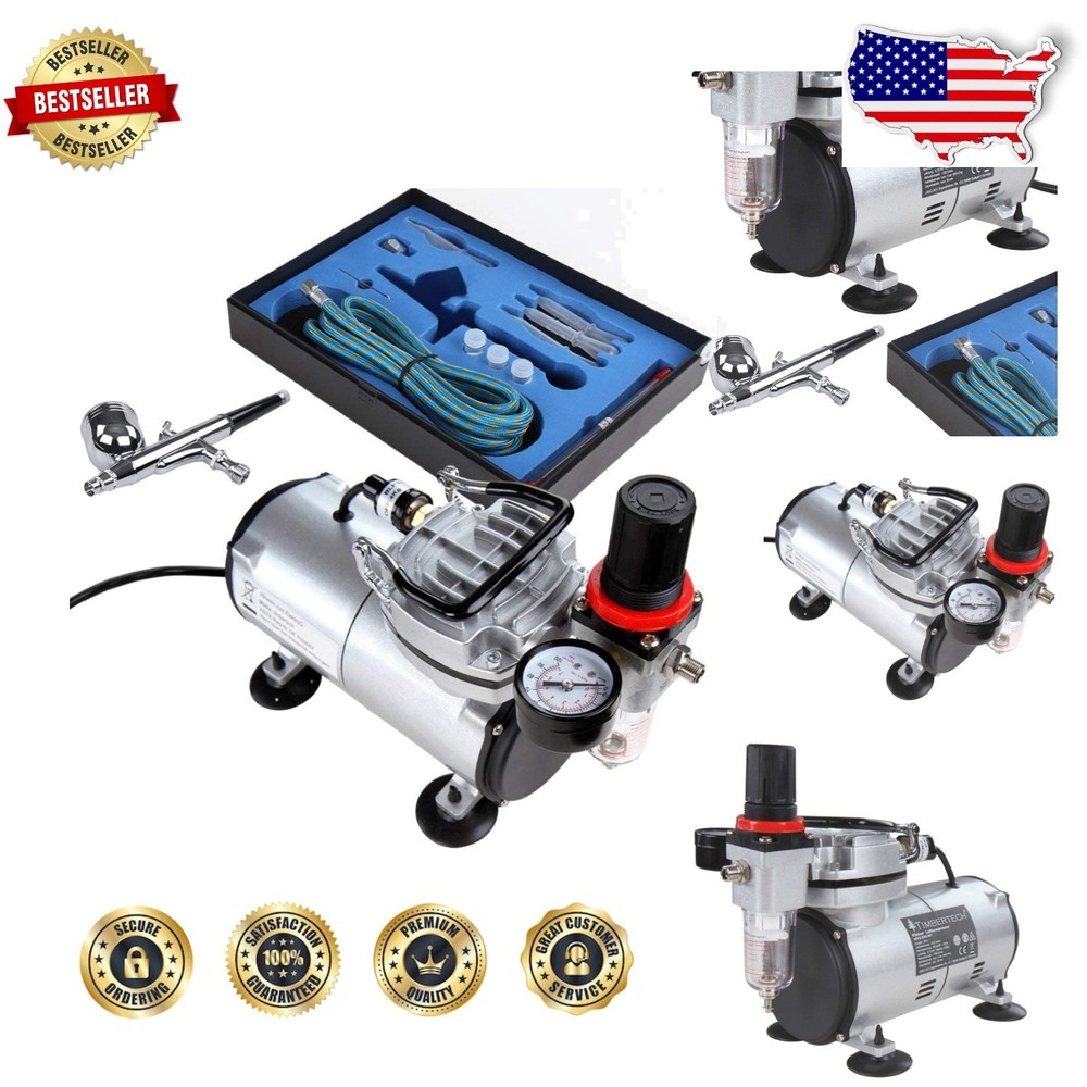 Dual Action Airbrush Compressor Kit, Gravity Feed, 23 LPM, 1.5HP, Oil-Free Metal