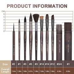 10 PCS Black Artist Paint Brush Set Nylon Bristles for Acrylic Oil Water