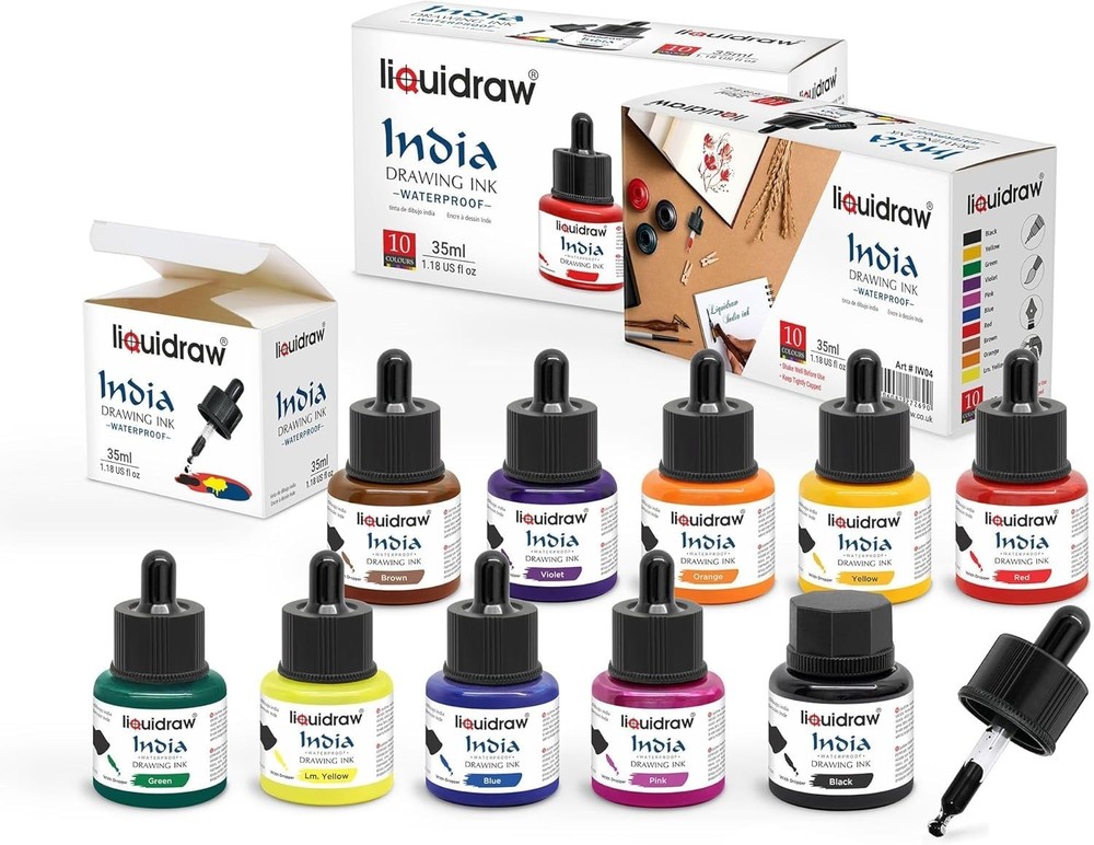 Liquidraw Waterproof Coloured Drawing Ink with Dropper | 10 x 35 ml Bottles