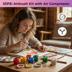 Airbrush Kit 55 PSI Air Compressor 0.5mm Nozzle Dual Airflow Black Switchable