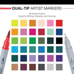 – 36pc Dual Tip Waterbased Artist Markers – Brush Tip and Fineliner