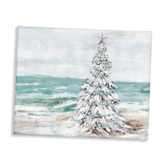 Snowy Christmas Tree Beach Shore Canvas Wall Art, Design by Amanda 20″L x 16″W