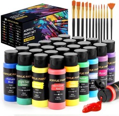 Acrylic Paint Set, 24 Colors 2 oz/Bottle with 12 Art Brushes, Art Supplies for &