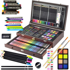 145 Piece Deluxe Art Set, Wooden Box & Drawing Kit with Crayons, Oil Pastels, Co