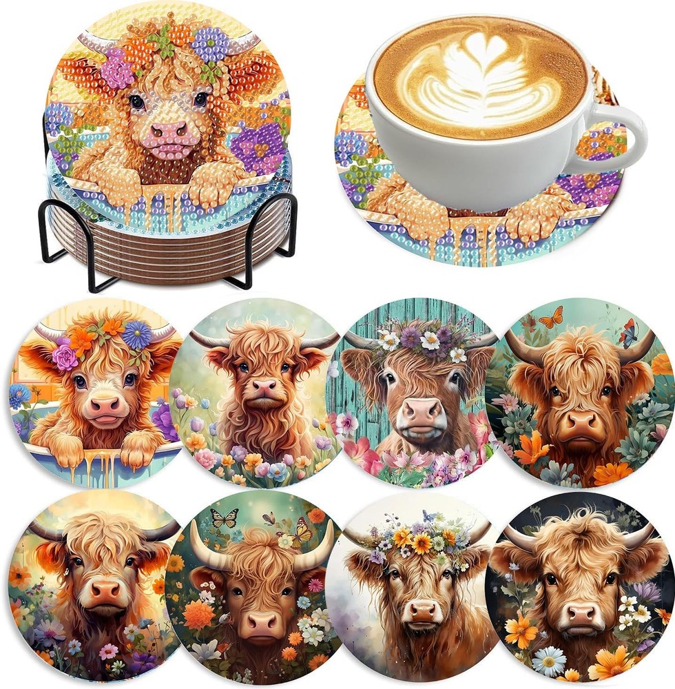 mrpwnle 8 Pack Diamond Art Coasters Kits – Highland 3.9×3.9×0.1, Cow