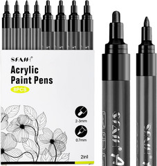 Acrylic Black Paint Pens – 8 Pack 2-3MM Medium Tip & 0.7MM Extra Fine Black Perm