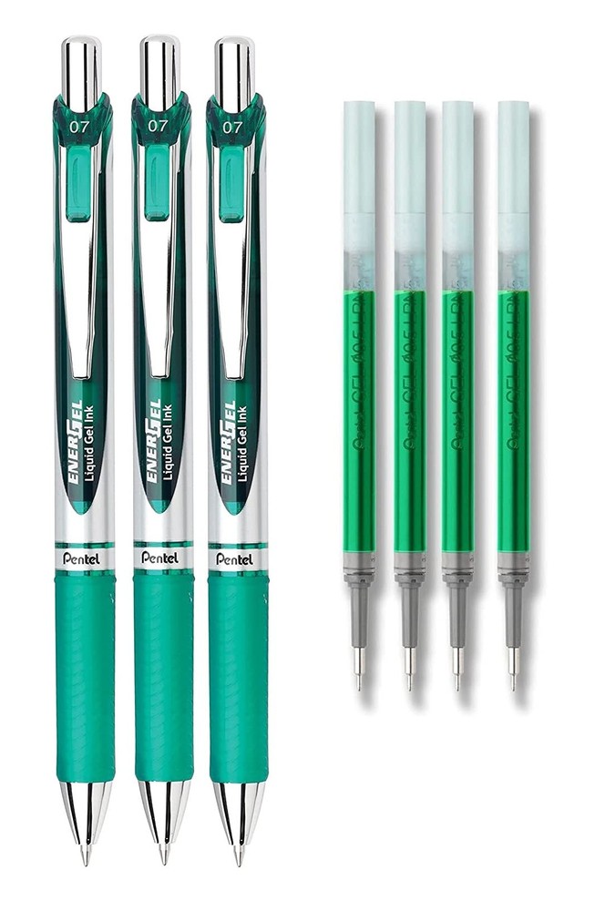 Pentel 7 Piece Green Writing Instrument Set 3 Pens 4 Refills Smooth Ink Techn…