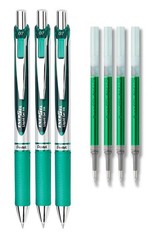 Pentel 7 Piece Green Writing Instrument Set 3 Pens 4 Refills Smooth Ink Techn…