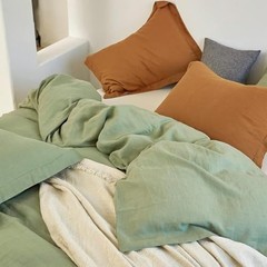 100% Linen Duvet Cover Set 3pcs Natural French Basic Style Full Sage Green