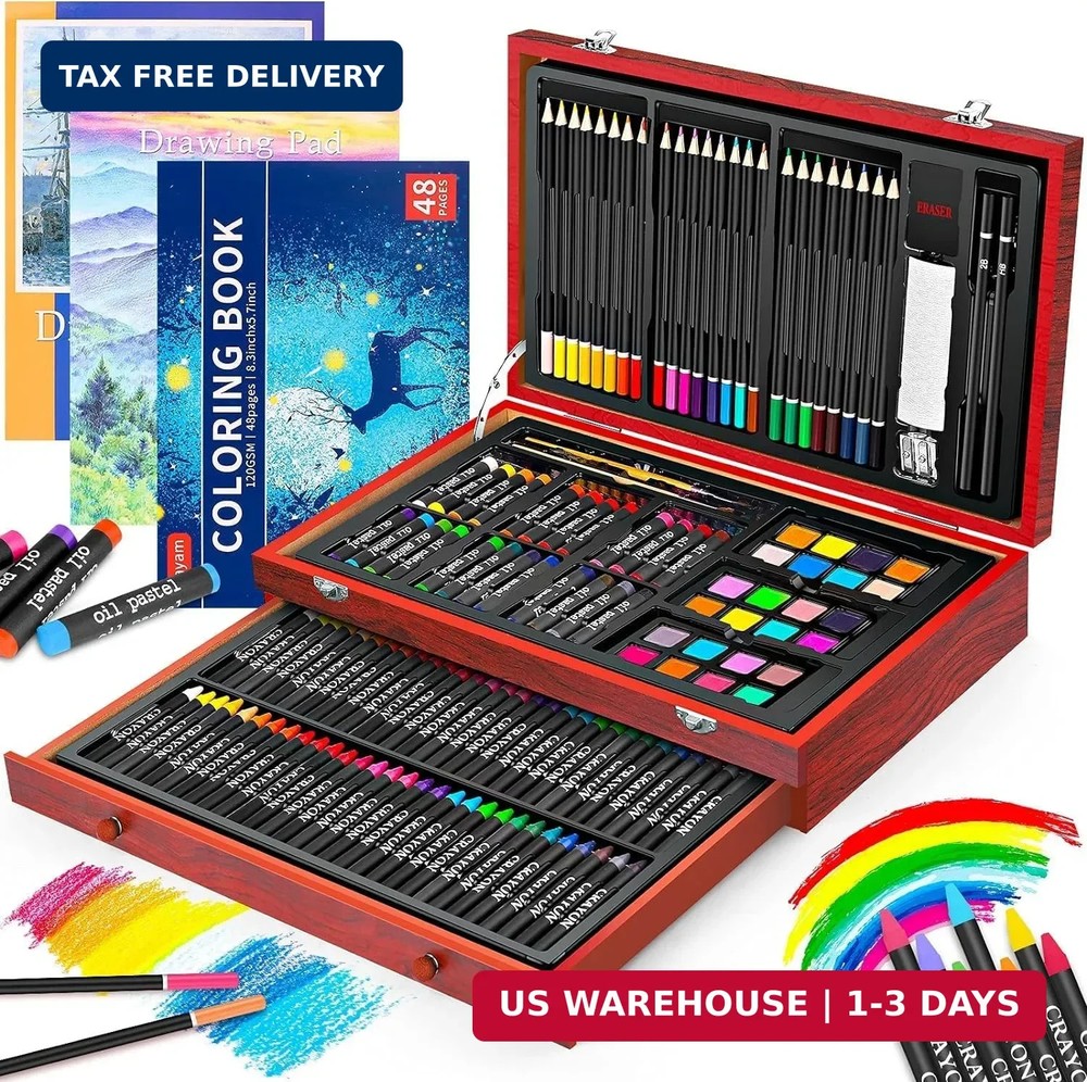 iBayam Art Supplies, 150-Pack Deluxe Wooden Art Set Crafts Drawing Painting Kit