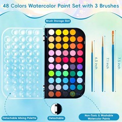 48 Color Solid Watercolor Paint Set with 3 Wooden Brushes Non Toxic Vibrant