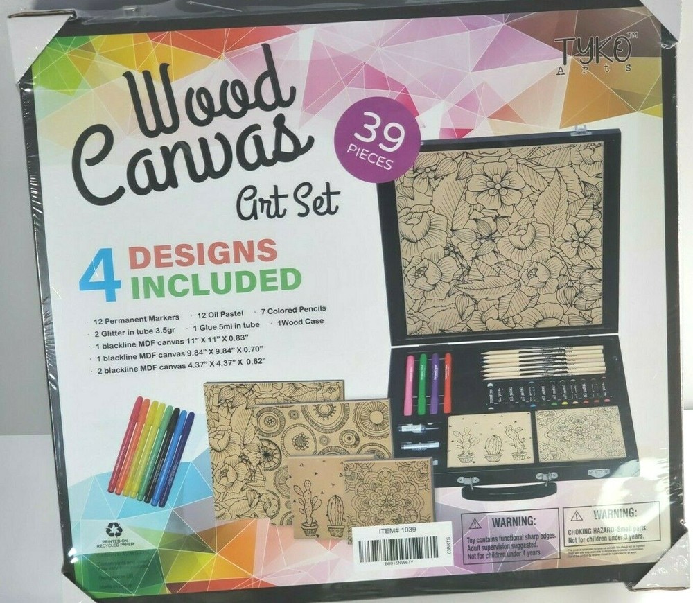 TYKO ARTS #1039 Wood Canvas ART SET – 39 PC, Markers, Pastels & Pencils + Canvas