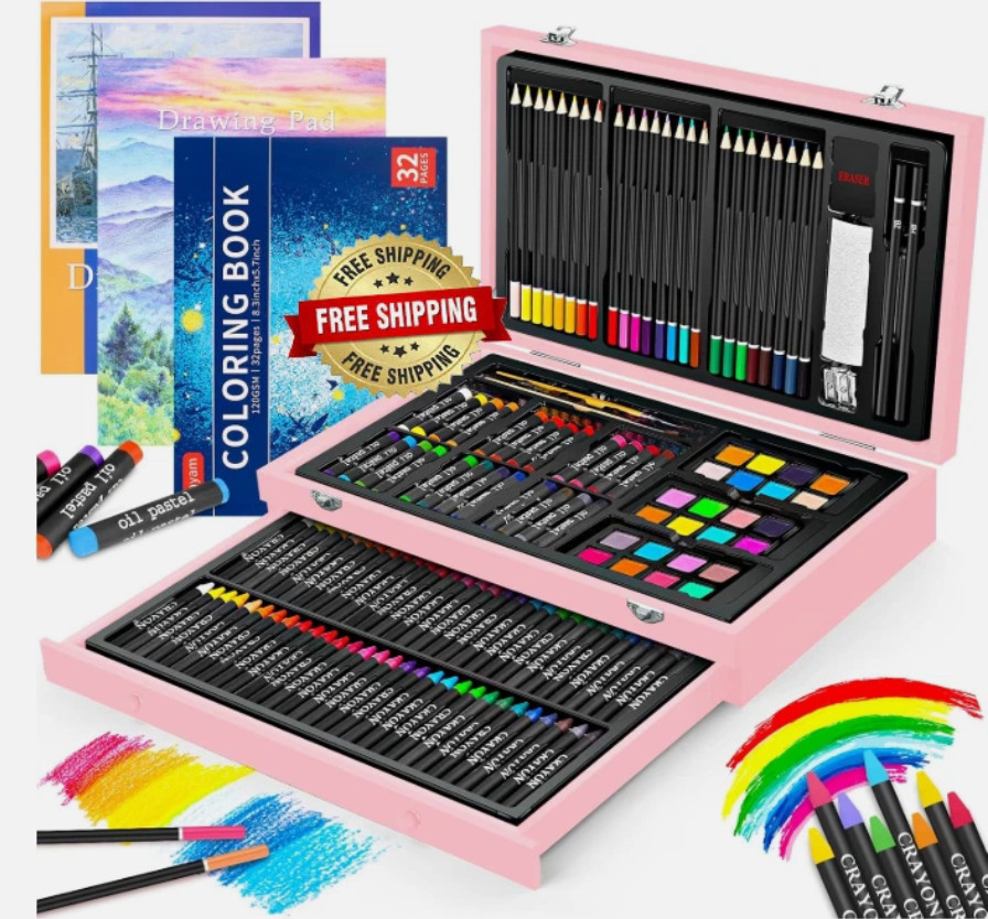150Pcs Set de Arte Art Supplies Profesional con Estuche Madera Lujo Kit Pintura