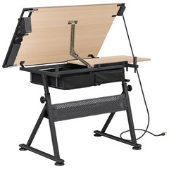 Adjustable Drafting Drawing Tiltable Table & Stool w/ 2 Drawers & Outlet Natural