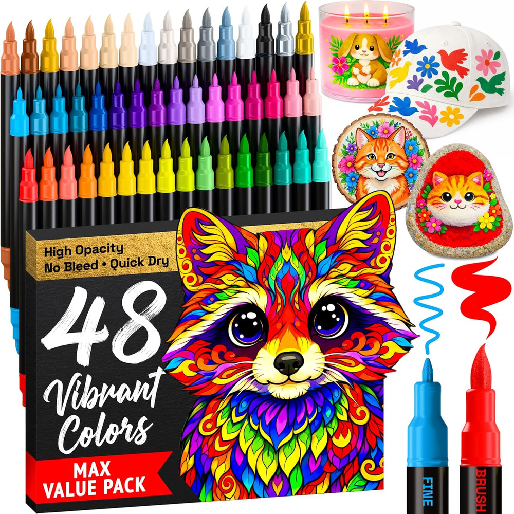 48 Acrylic Paint Markers – Paint Pens for Drawing – for Fabric, Rock, Glass, Woo