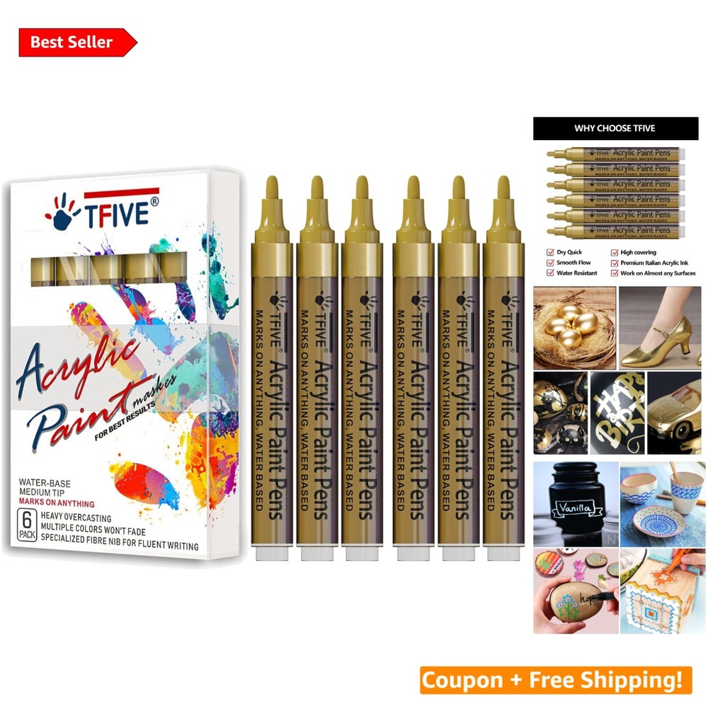 Gold Acrylic Paint Marker Pens – 6 Pack, 2-3mm Tip for All Surfaces