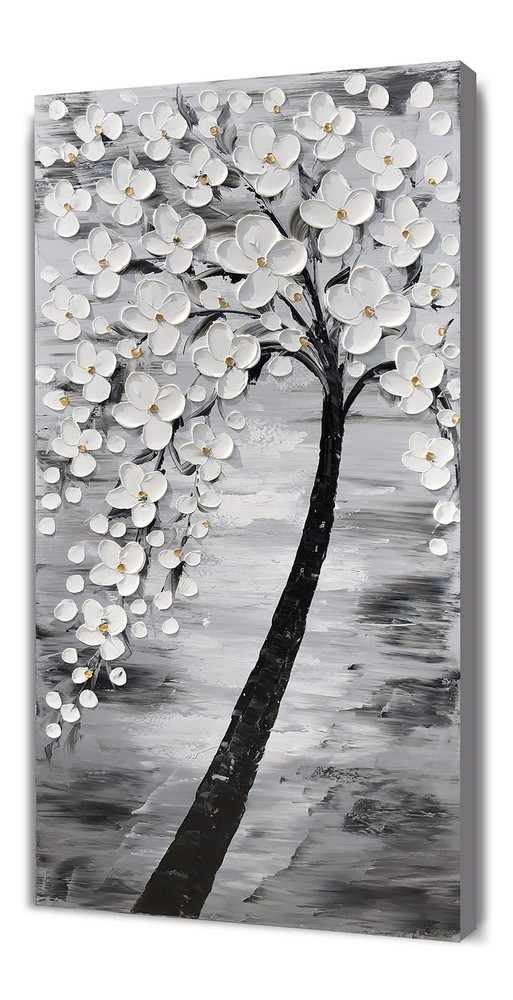 Yihui Arts Hand-Painted Textured White Blossom Tree Art on Canvas, Grey & Bla…