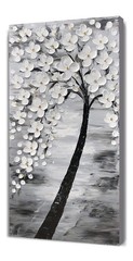 Yihui Arts Hand-Painted Textured White Blossom Tree Art on Canvas, Grey & Bla…